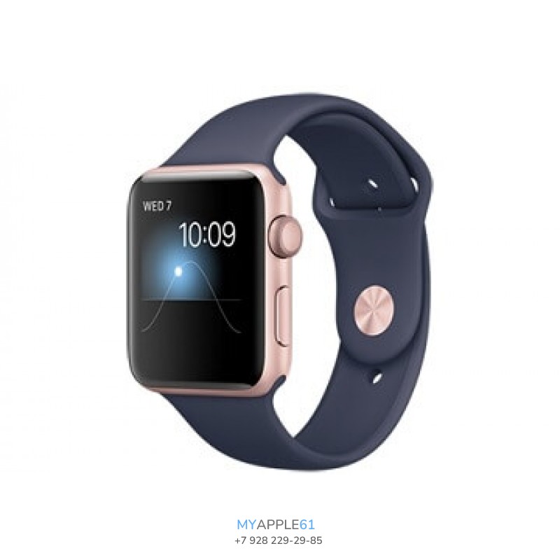 Apple Watch Series 2, 38 мм, алюминиевый корпус розовое золото, тёмно‑синий спортивный ремешок